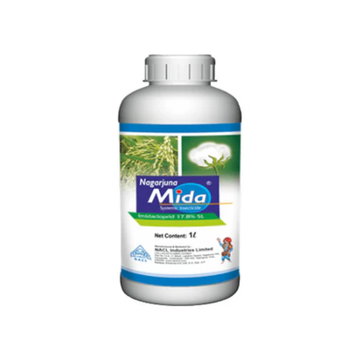 "Nagarjuna Mida Insecticide is a systemic insecticide containing Imidacloprid 17.8% SL, effective against a wide range of sucking pests in crops like cotton, paddy, vegetables, and fruits, providing long-lasting protection through translaminar and systemic action."