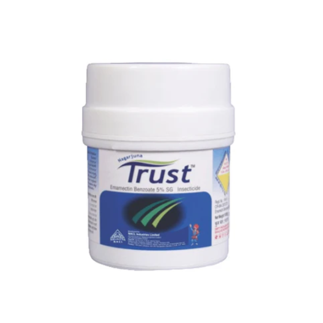 "Nagarjuna Trust Insecticide – Emamectin Benzoate 5% SG: Soluble granule insecticide effective against lepidopteran pests like bollworms, fruit borers, pod borers, and diamondback moth. Provides translaminar action for thorough crop protection while being safe for beneficial insects and suitable for IPM programs."