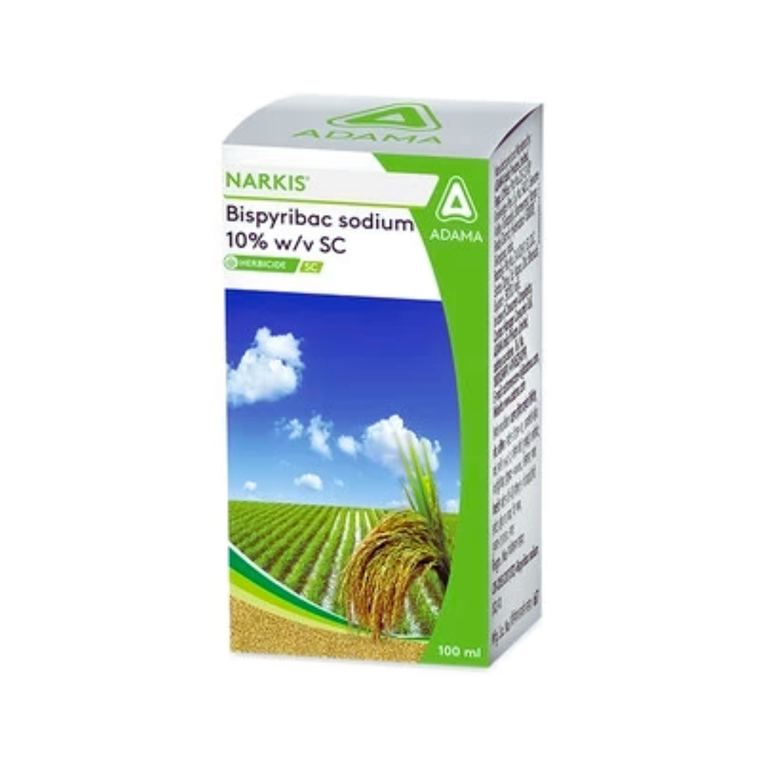 Narkis herbicide containing Bispyribac Sodium 10% SC, used for controlling weeds in rice and other crops.