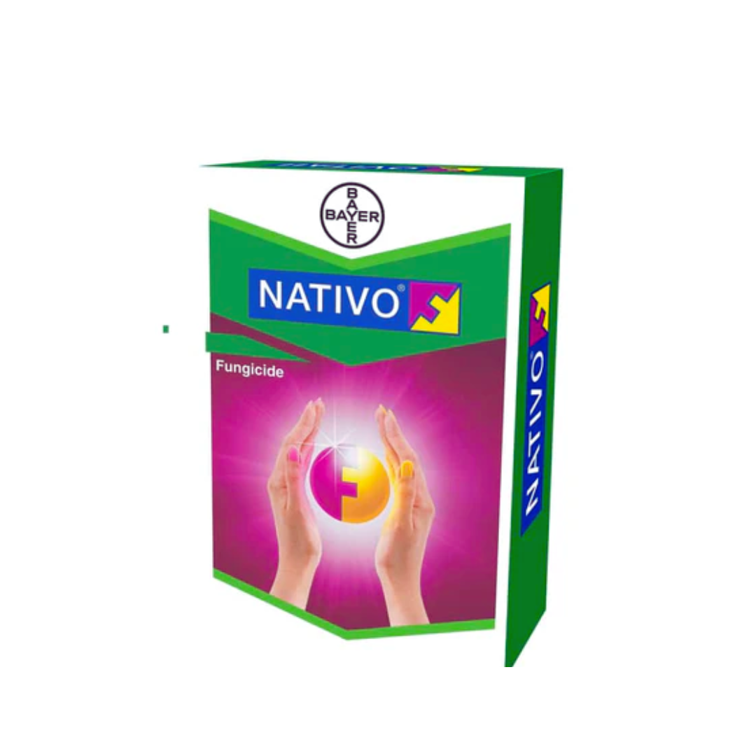Nativo fungicide pack displaying formulation -Tebuconazole 50% + Trifloxystrobin 25% WG (75 WG) - a broad-spectrum systemic fungicide used to control fungal diseases like rust, blight, and powdery mildew in crops, ensuring healthier plants and improved yield.