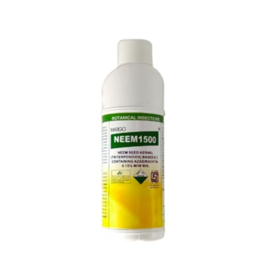 Neem 1500ppm is a botanical insecticide containing Azadirachtin 1500 ppm (0.15%) combined with neem oil. It provides eco-friendly control of sucking and chewing pests in various crops, acting as an antifeedant, repellent, and growth regulator, while being safe for beneficial insects and suitable for organic farming.