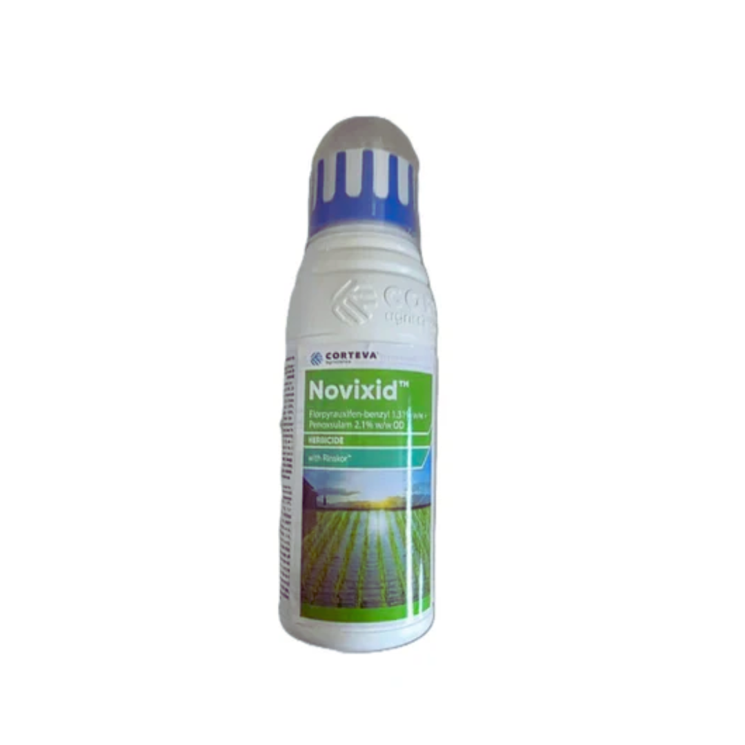 Novixid is a herbicide combining Florpyrauxifen-benzyl 1.31% and Penoxsulam 2.1%, providing post-emergence control of broadleaf and grassy weeds in rice crops through foliar application.