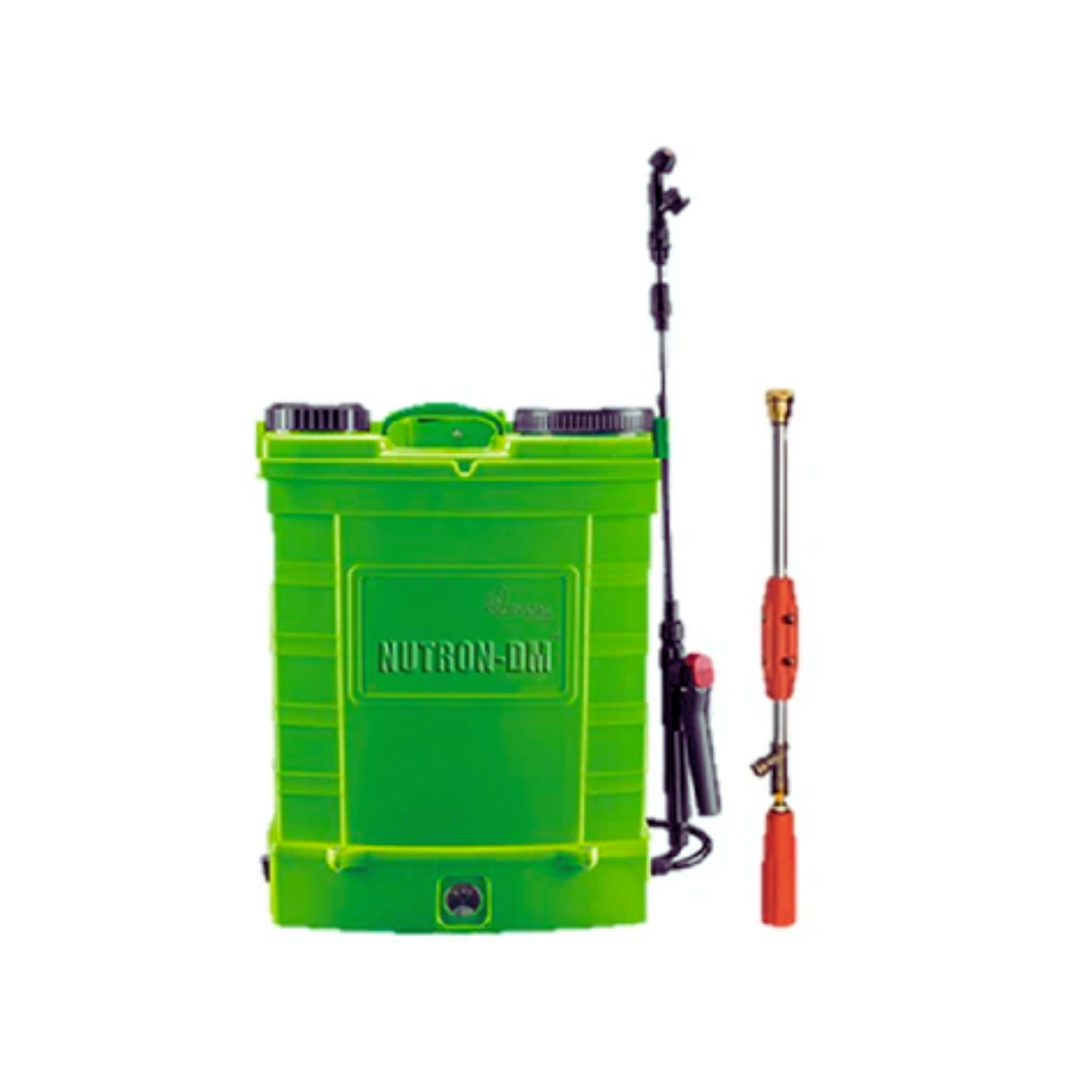 Nutron DM rechargeable electric knapsack sprayer with double motor, 20-liter tank, adjustable pressure, and long-lasting battery, designed for efficient and convenient large-scale spraying in orchards, plantations, and agricultural fields.