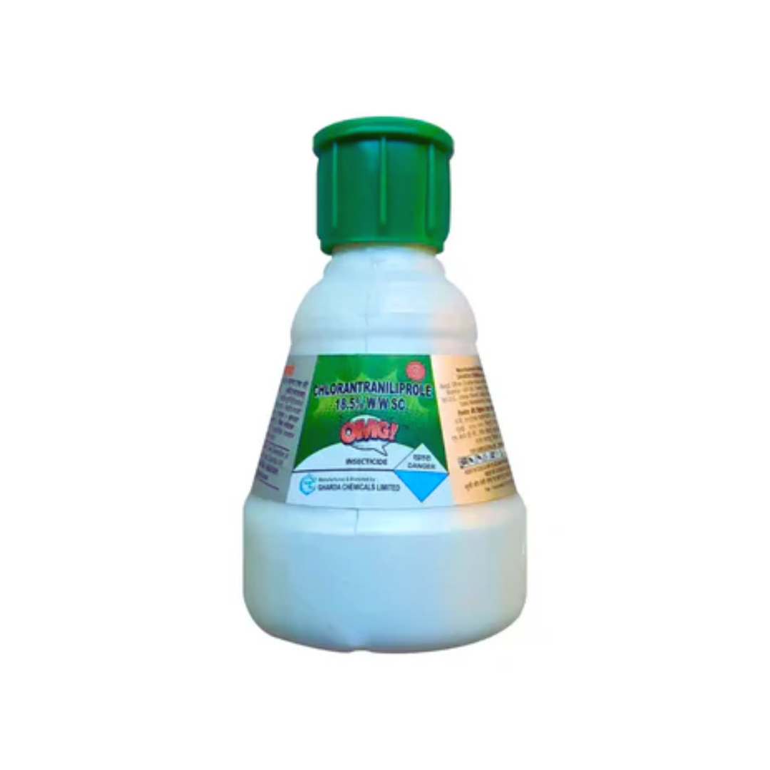 OMG Insecticide bottle – containing Chlorantraniliprole 18.5% w/w SC. A systemic and contact insecticide targeting Lepidopteran pests such as caterpillars, loopers, and borers in crops like cotton, vegetables, and rice, ensuring effective pest control and improved crop health.