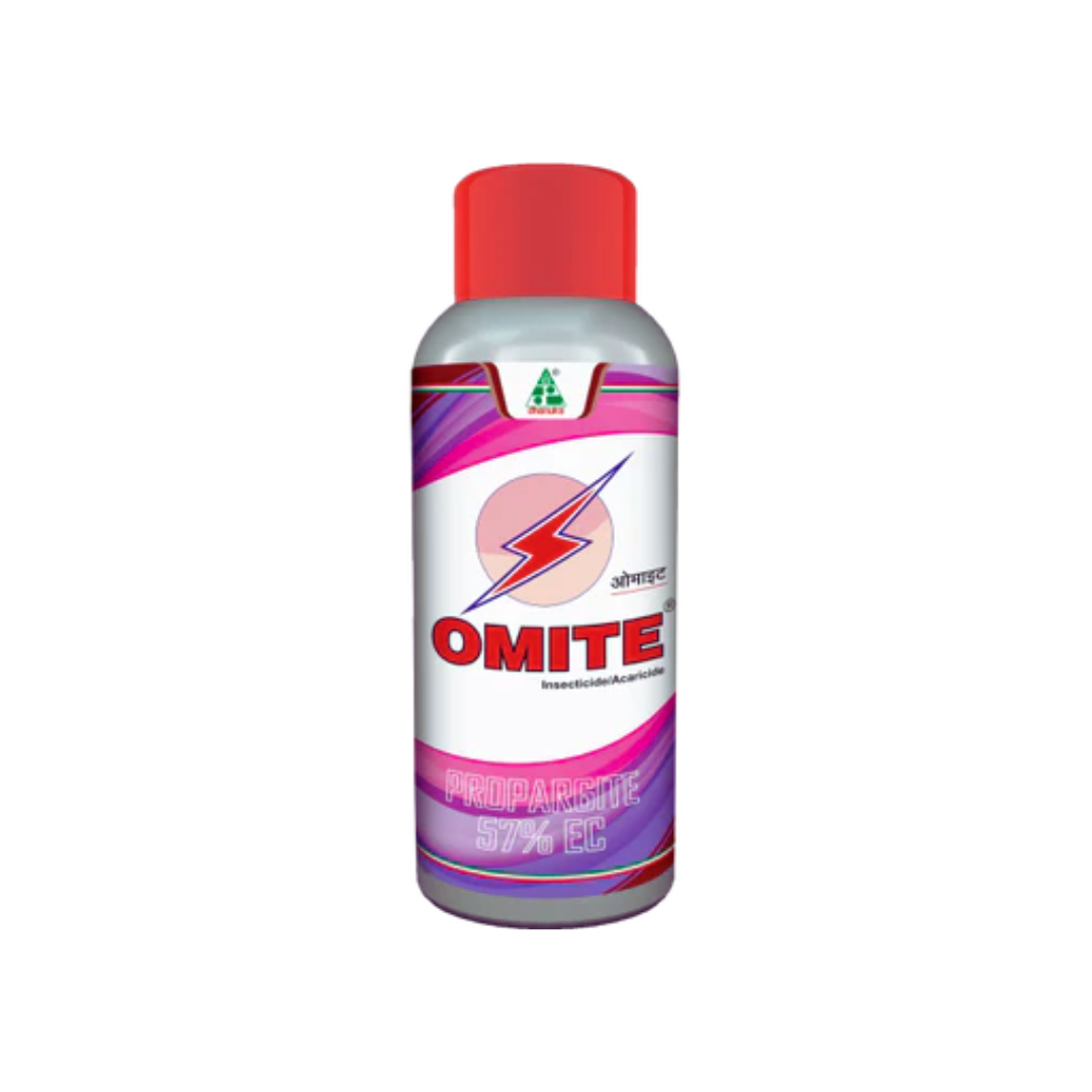 Omite Insecticide – Propargite 57% EC, a potent acaricide and insecticide by Dhanuka, effective against mites and sucking pests on crops like cotton, vegetables, and fruits, providing rapid knockdown and residual protection.