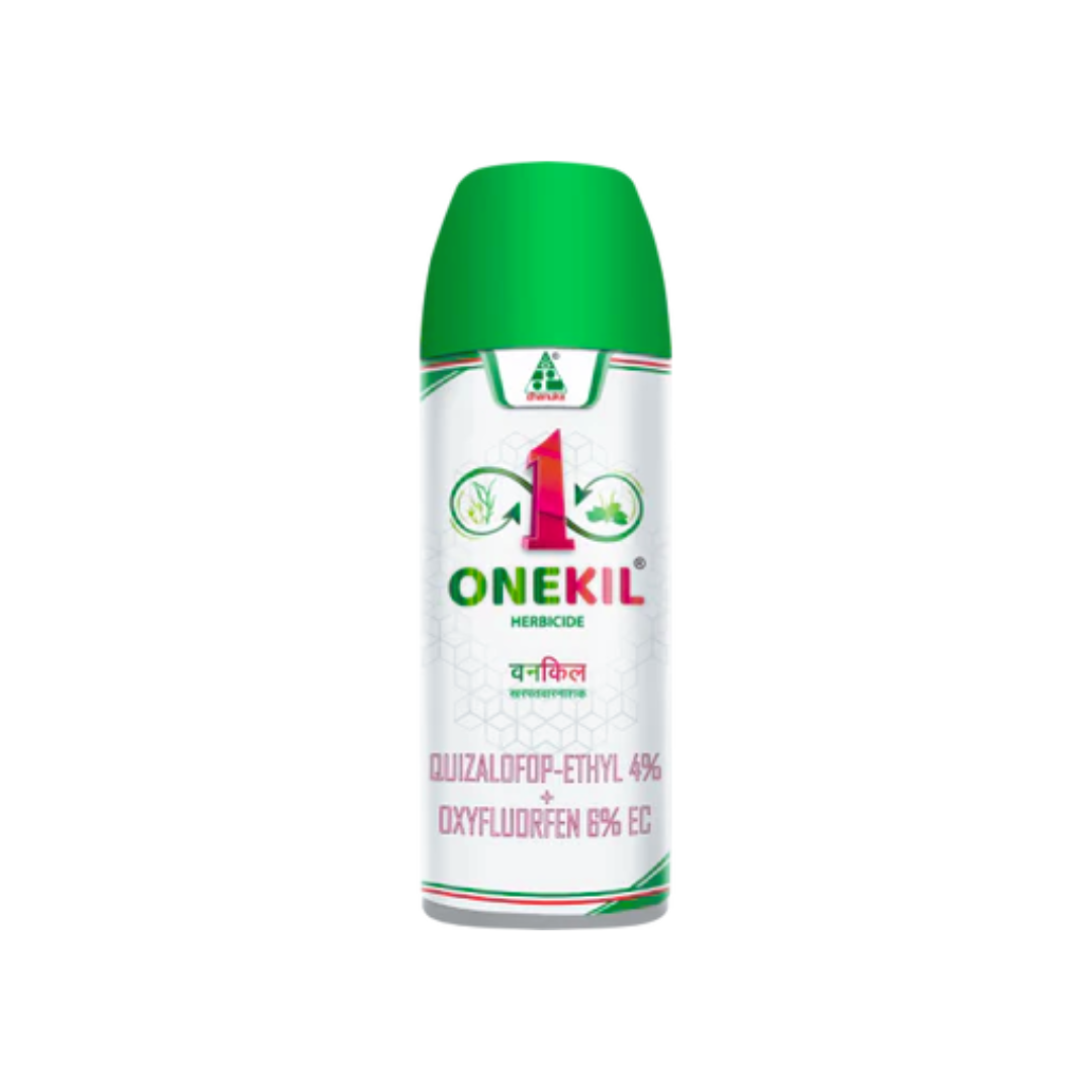 Onekil Herbicide – selective post-emergence herbicide containing Quizalofop-ethyl 4% EC and Oxyfluorfen 6% EC, controlling a wide range of grassy and broadleaf weeds in crops like cotton, soybean, and maize.