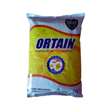 Ortain insecticide by Coromandel, containing Acephate 75% SP, a systemic organophosphate effective against a wide range of sucking and chewing pests in crops such as rice, cotton, vegetables, and pulses. Provides quick knockdown, long-lasting control, and supports resistance management through foliar application.