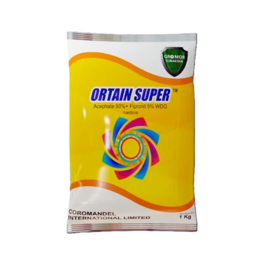 Ortain Super insecticide (Acephate 50% w/w + Fipronil 5% w/w) – a dual-action formulation providing both systemic and contact control of sucking and chewing insect pests in various crops, ensuring quick knockdown and long-lasting protection for improved crop yield.