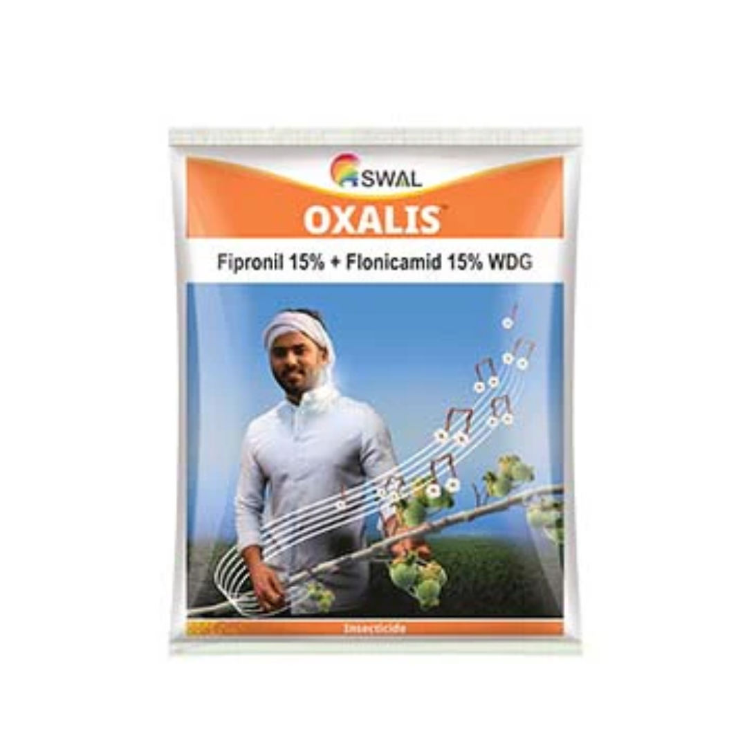 "Oxalis Insecticide by SWAL, a broad-spectrum Wettable Dispersible Granule (WDG) formulation combining Fipronil 15% + Flonicamid 15%, designed to control sucking and chewing pests in crops like cotton, vegetables, and pulses, offering fast knockdown, systemic action, and residual pest protection."