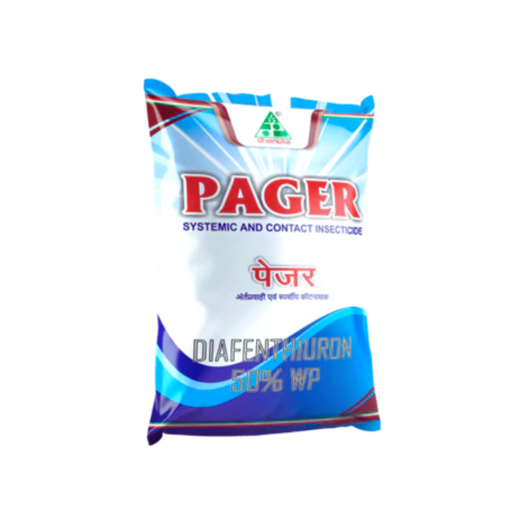 Pager is a broad-spectrum insecticide containing Diafenthiuron 50% WP from Dhanuka, designed to control a wide range of sucking and chewing pests in crops like cotton, chilli, tomato, and vegetables, providing effective contact and systemic action.