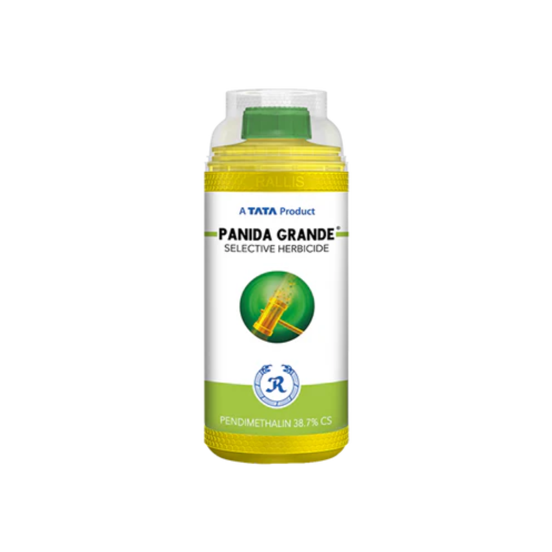 Panida Grande Herbicide (Pendimethalin 38.7% CS) by Tata Rallis is a pre-emergent, capsule suspension herbicide that provides effective control of annual grasses and broadleaf weeds in crops like soybean, cotton, and pulses. It offers long-lasting weed suppression through controlled release technology, ensuring clean fields and better crop establishment.