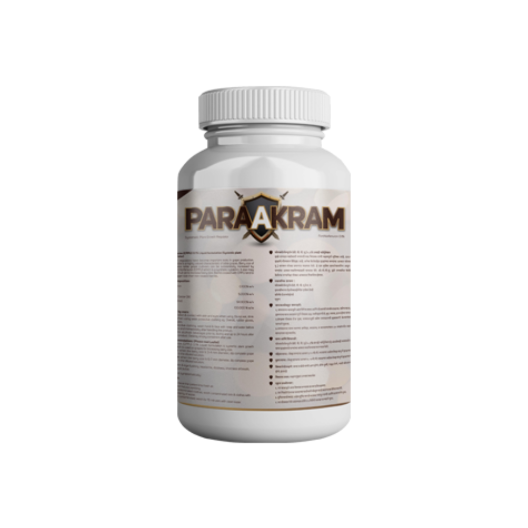 Paraakram Plant Growth Regulator containing Forchlorfenuron (CPPU) 0.1% w/v to enhance fruit size and yield.