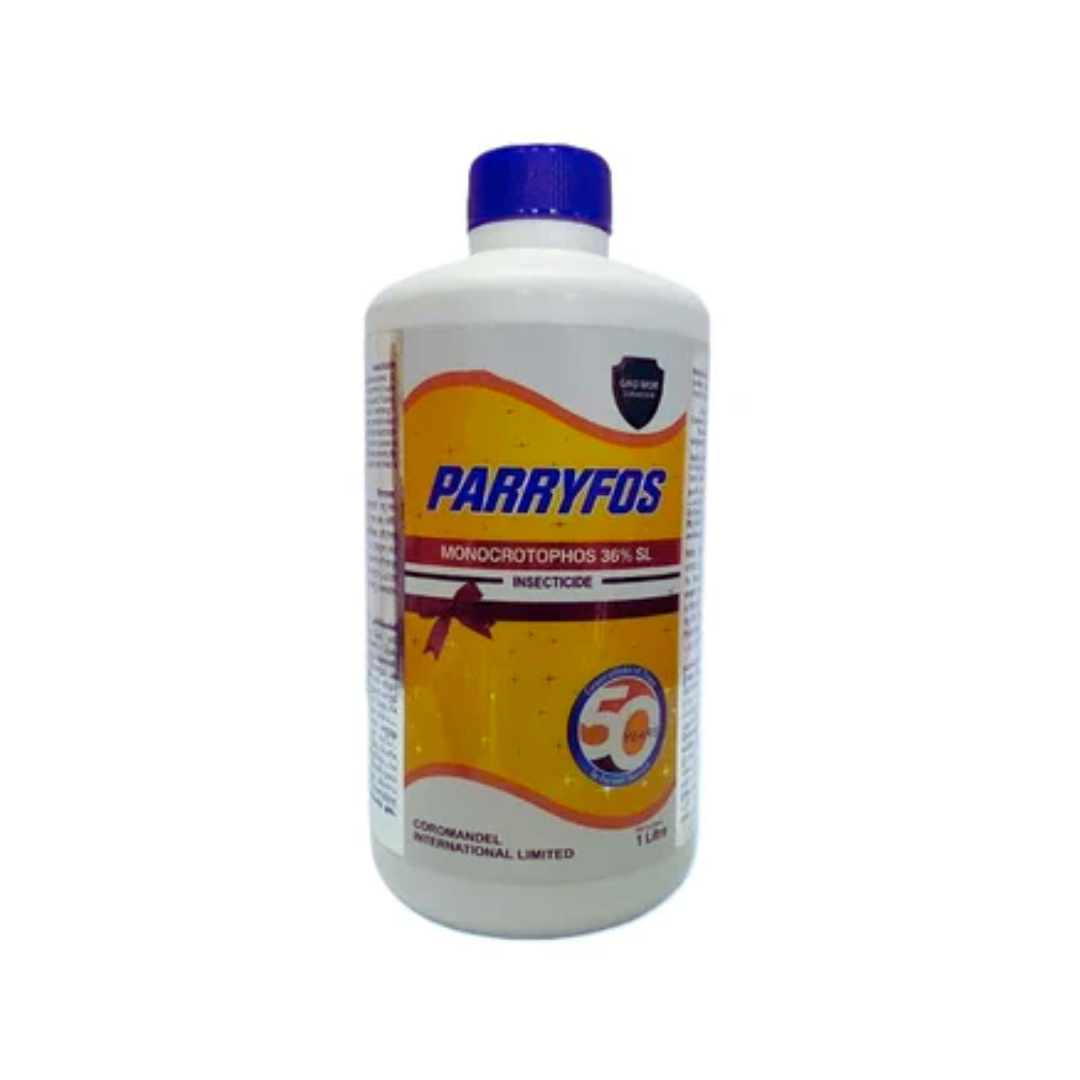 Parryfos insecticide by Coromandel, containing Monocrotophos 36% SL, a systemic organophosphate effective against a wide range of sucking and chewing pests in crops like cotton, vegetables, and pulses. Provides rapid knockdown and residual control through foliar application.