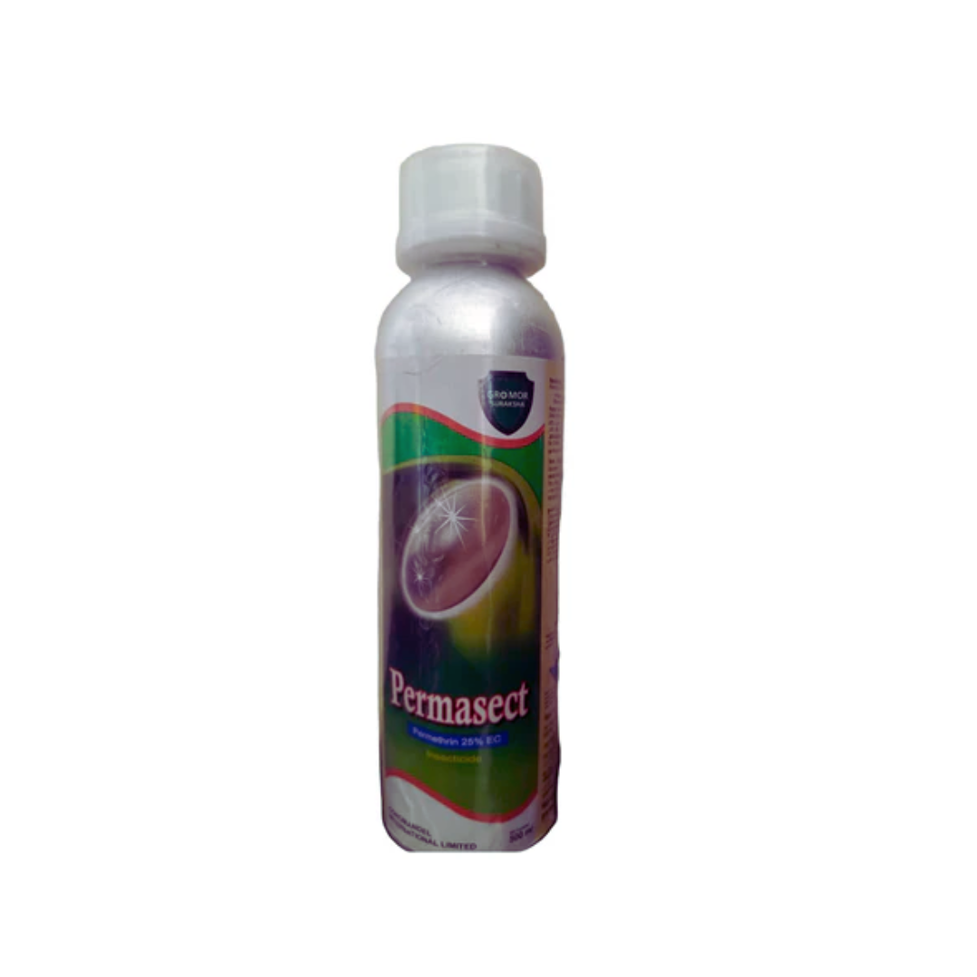 Permasect (Permethrin 25% EC) insecticide bottle by Coromandel, featuring a yellow label. It is a broad-spectrum pyrethroid formulation used for effective contact and stomach action control of various insect pests across multiple crops, offering quick knockdown and long residual activity.