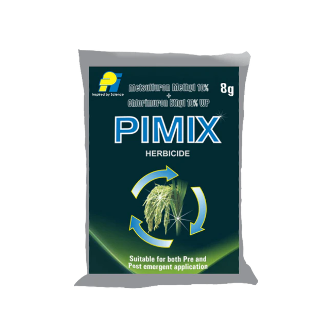 Pimix is a selective post-emergence herbicide formulated as a wettable powder (WP) containing Metsulfuron-Methyl 10% and Chlorimuron-Ethyl 10%. It effectively controls a wide range of broadleaf weeds in crops such as wheat and rice, providing rapid absorption, long-lasting residual action, and high crop safety.