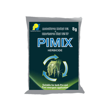 Pimix is a selective post-emergence herbicide formulated as a wettable powder (WP) containing Metsulfuron-Methyl 10% and Chlorimuron-Ethyl 10%. It effectively controls a wide range of broadleaf weeds in crops such as wheat and rice, providing rapid absorption, long-lasting residual action, and high crop safety.