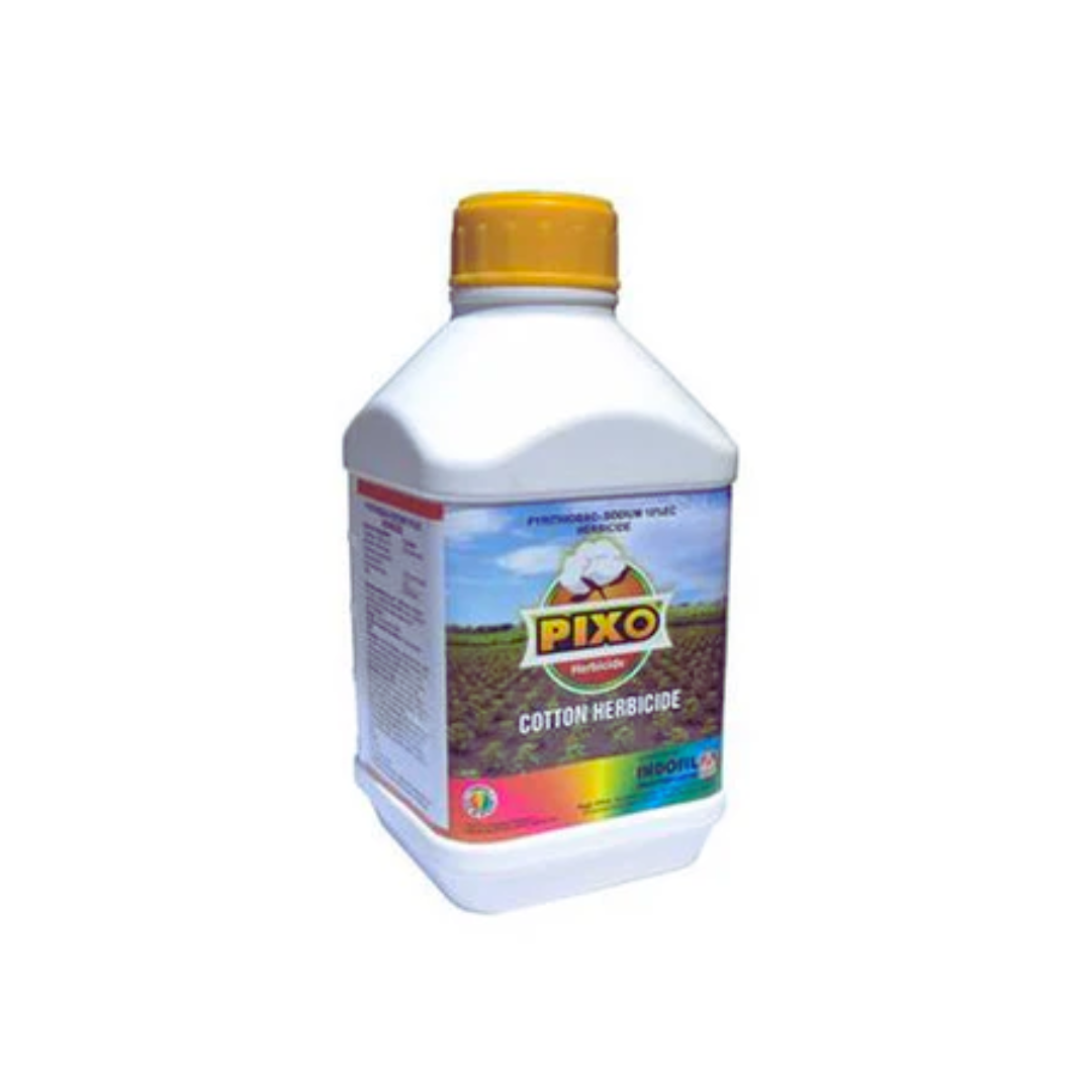 Pixo Herbicide bottle – containing Pyrithiobac Sodium 10% SC. A selective, post-emergence herbicide that effectively controls broadleaf weeds in crops such as cotton and soybean, promoting cleaner fields and better crop growth.