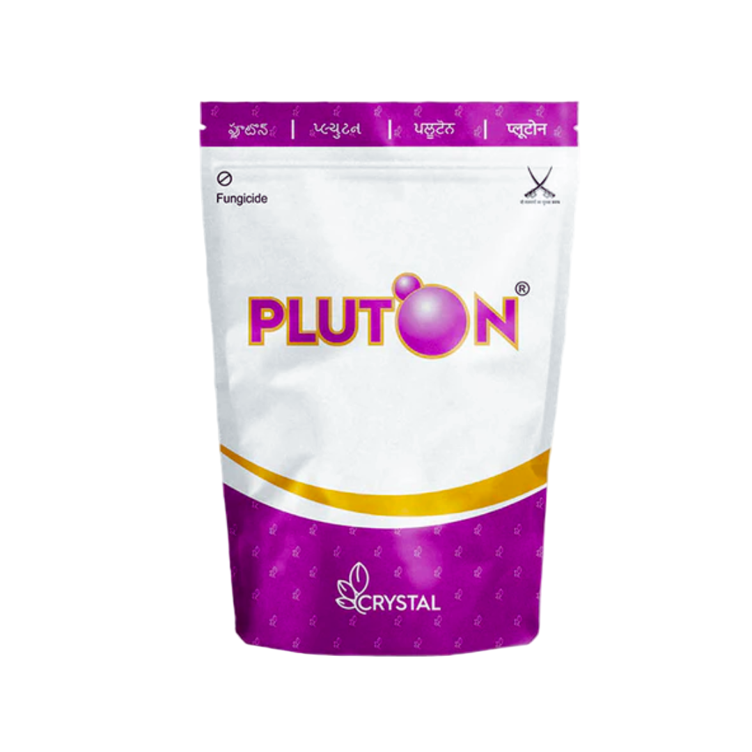 Pluton fungicide packet containing Azoxystrobin 11.5% + Mancozeb 30% WP, a broad-spectrum systemic and protective fungicide used to control fungal diseases like blight, leaf spots, and rust in crops such as wheat, rice, vegetables, and fruits.