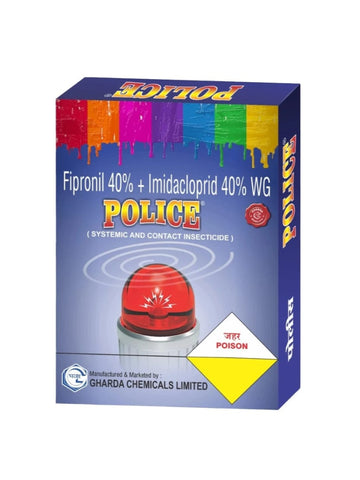 Police Systemic and Contact Insecticide bottle – containing Fipronil 40% + Imidacloprid 40% WG. A powerful dual-action insecticide providing both systemic and contact control against a wide range of soil and foliar pests, including termites, whiteflies, aphids, and leaf miners, ensuring effective pest management and healthy crop growth.