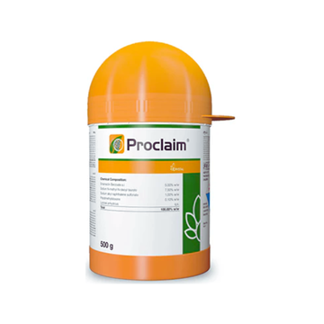 Proclaim insecticide packet containing Emamectin Benzoate 5% SG, a broad-spectrum insecticide used to control bollworms, fruit borers, and other lepidopteran pests in crops like cotton, vegetables, and pulses for effective and long-lasting protection.