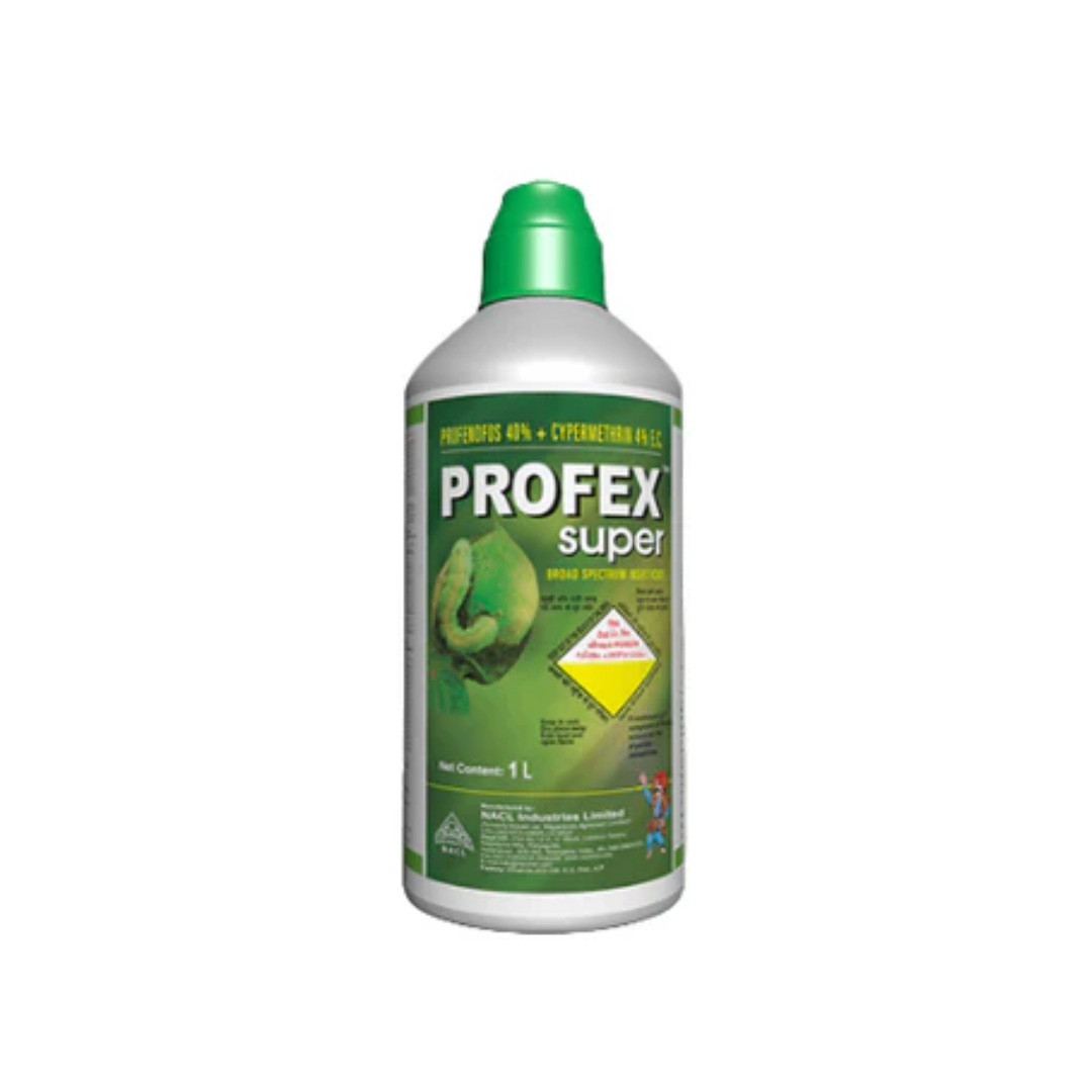 Profex Super Insecticide by NACL, a 40% Profenofos + 4% Cypermethrin EC formulation, offers broad-spectrum control of sucking and chewing pests in crops like cotton, soybean, and vegetables. Combines contact, stomach, and ovicidal action with rapid knockdown and extended residual protection, suitable for foliar spray applications in IPM programs.