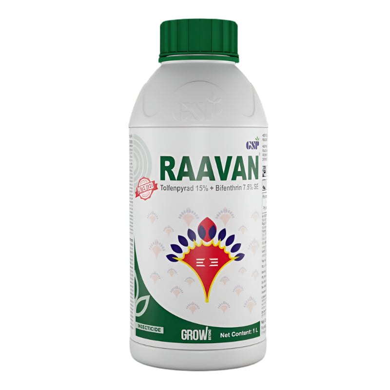 Raavan insecticide by GSP Crop Science – 250 mL bottle with label, containing Tolfenpyrad 15% EC + Bifenthrin 7.5% SE for broad‑spectrum control of sucking and chewing pests.