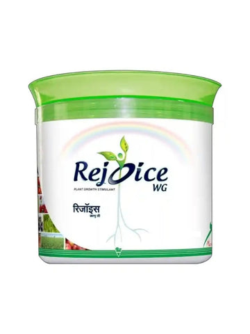 Rejoice WG biostimulant containing 8% seaweed extract, 5% hydrolyzed proteins, and 25% polysaccharides, used to enhance plant growth, stress tolerance, and crop yield.