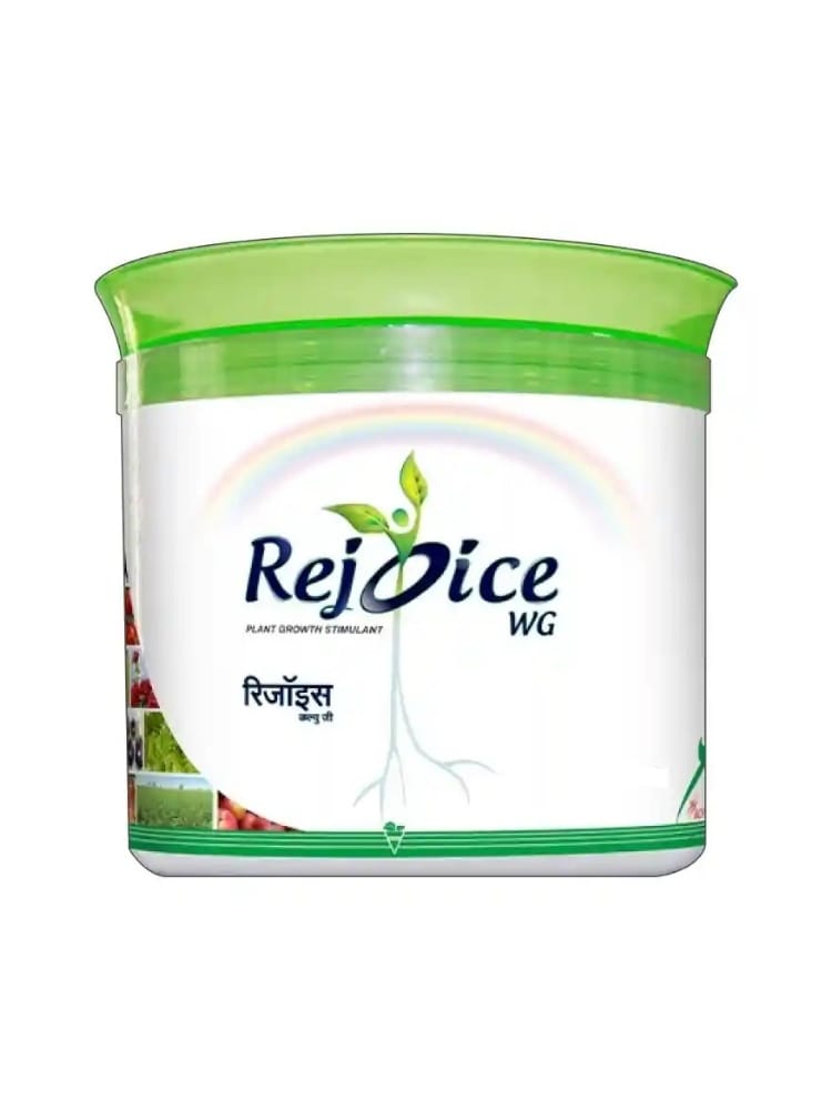 Rejoice WG biostimulant containing 8% seaweed extract, 5% hydrolyzed proteins, and 25% polysaccharides, used to enhance plant growth, stress tolerance, and crop yield.