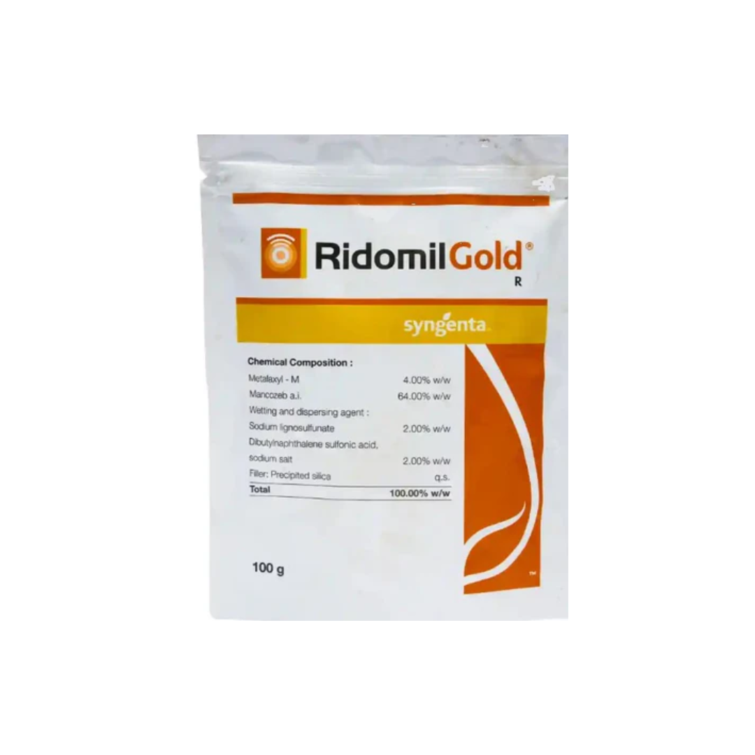 Ridomil Gold Fungicide by Syngenta, a broad-spectrum systemic and contact fungicide combining Metalaxyl-M (40%) + Mancozeb (64%), providing preventive and curative control of fungal diseases like downy mildew, late blight, and damping-off in crops such as paddy, potato, and vegetables.