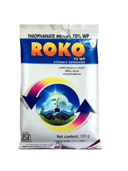 Roko Fungicide – Thiophanate Methyl 70% WP in white powder form, packaged for crop protection against fungal diseases.