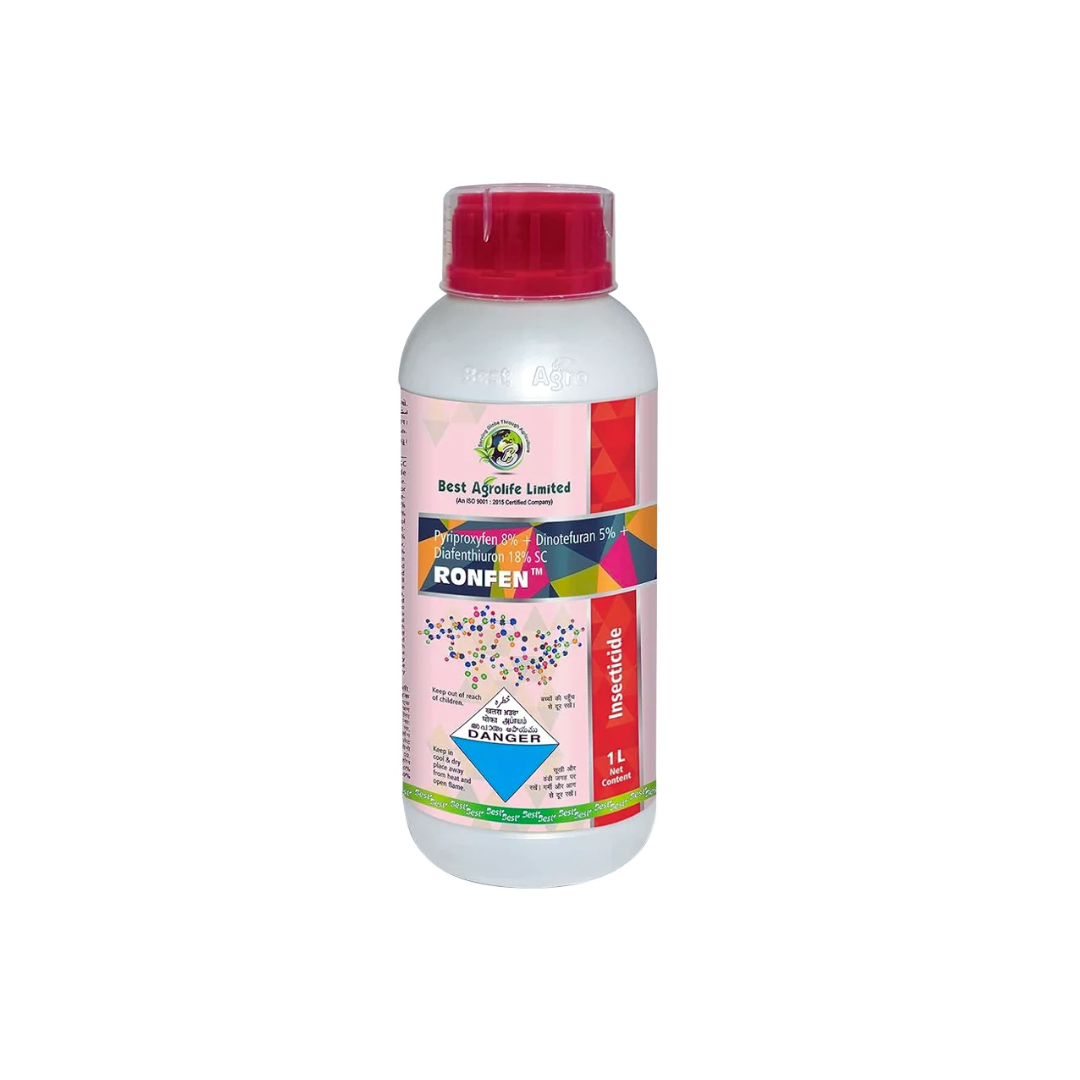 Ronfen insecticide bottle by BestAgro Life Limited containing Pyriproxyfen 8% + Dinotefuron 5% + Diafenthiuron 18% SC, used for controlling whiteflies, aphids, jassids, thrips, leafhoppers, and mites in crops like cotton, paddy, vegetables, and fruits.