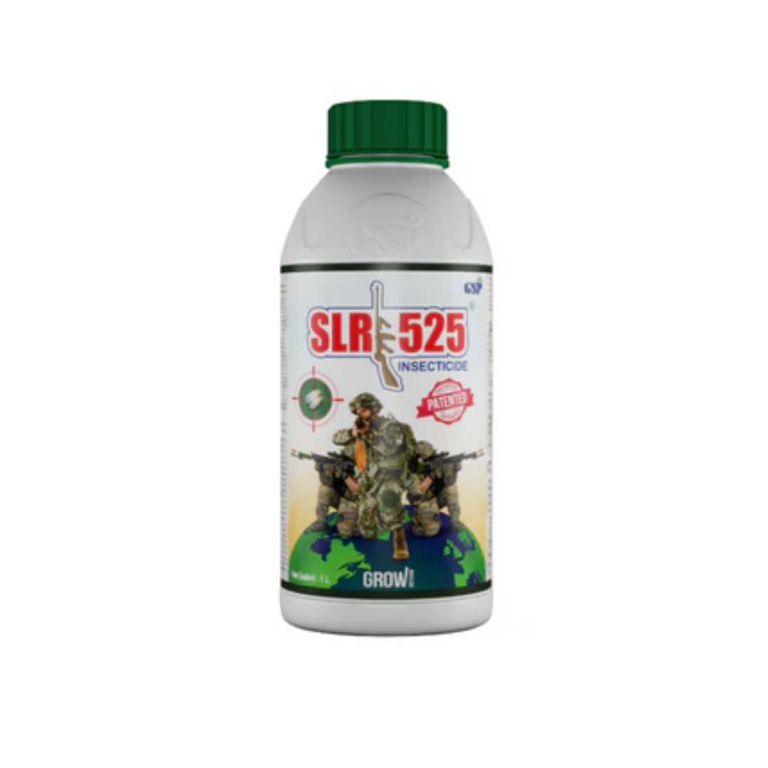 SLR 525 Insecticide bottle – containing Pyriproxyfen 5% SC + Difenthiuron 25% SE. A systemic and contact insecticide designed to control a wide range of pests, including whiteflies, thrips, and leaf-eating insects, protecting crops and enhancing yield.