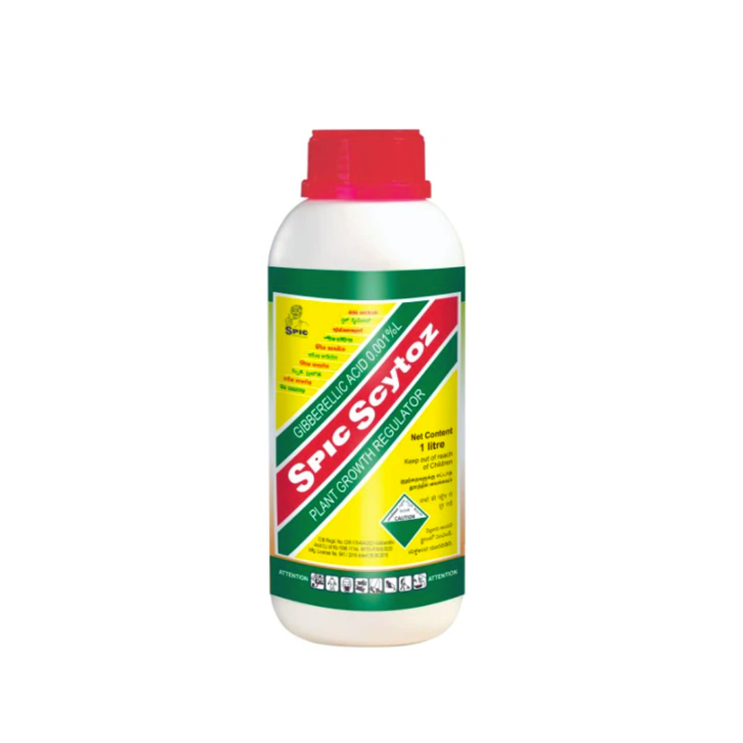 SPIC SCYTOZ is a plant growth regulator containing Gibberellic Acid 0.001% w/w, promoting stem elongation, enhanced flowering, and improved fruit development in crops.