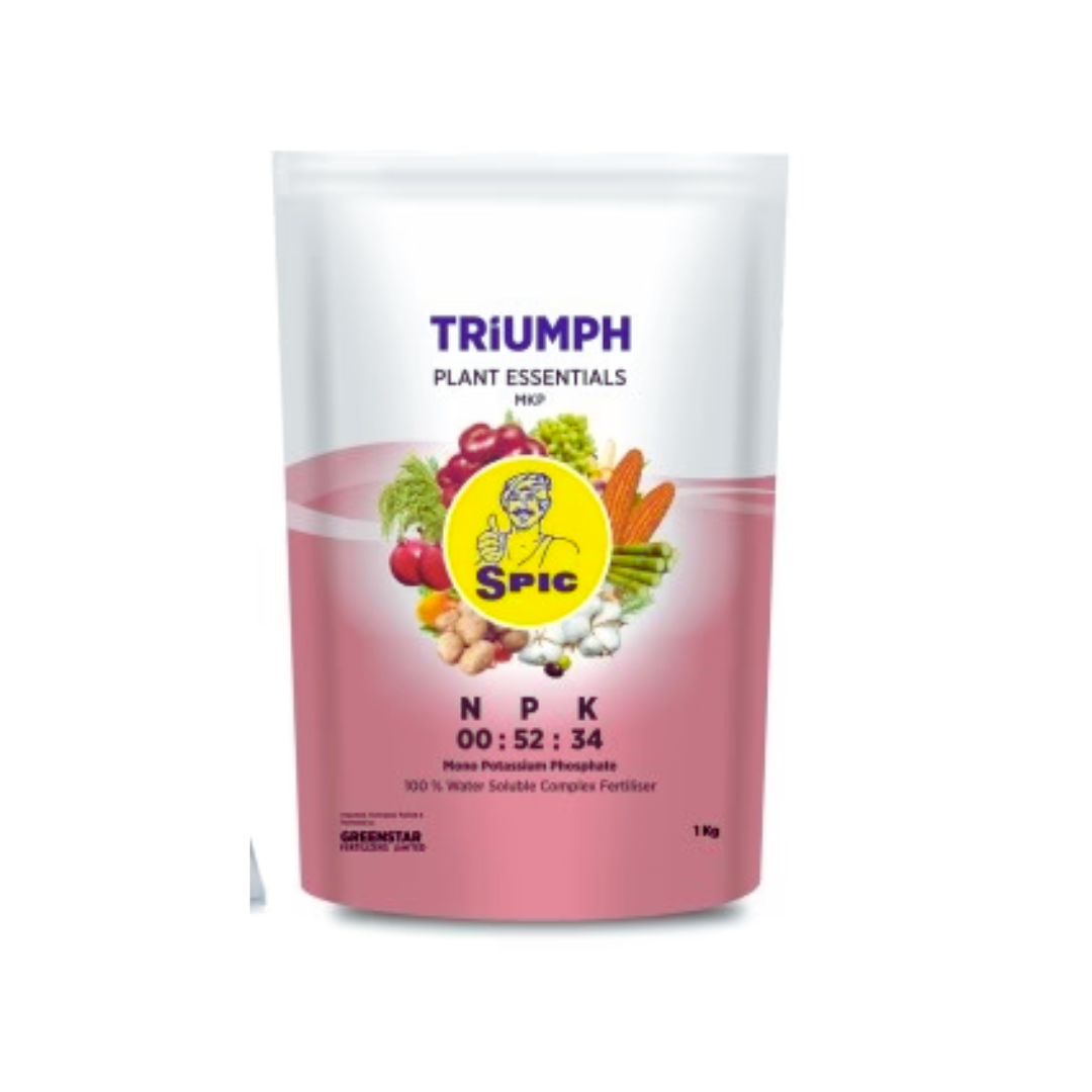 SPIC Triumph NPK 00:52:34 Mono Potassium Phosphate is a water-soluble fertilizer providing 52% phosphorus and 34% potassium, supporting strong root development, flowering, and improved crop yield.