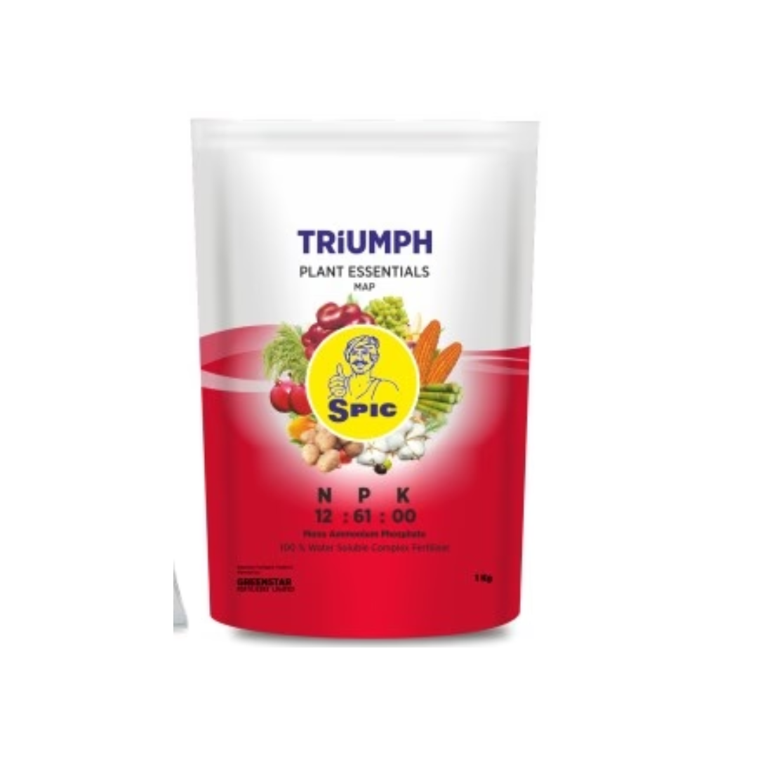 SPIC Triumph NPK 12:61:00 Mono Ammonium Phosphate is a water-soluble fertilizer providing 12% nitrogen and 61% phosphorus, promoting strong root development, early crop growth, and improved yield.
