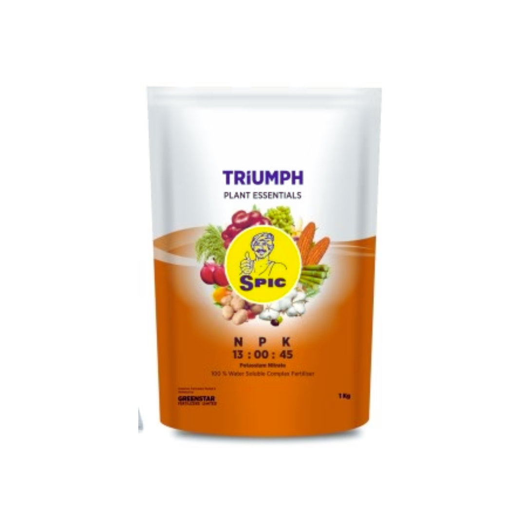 SPIC Triumph NPK 13:0:45 is a water-soluble potassium nitrate fertilizer, providing essential nitrogen and high potassium to support healthy plant growth, flowering, and fruit development.