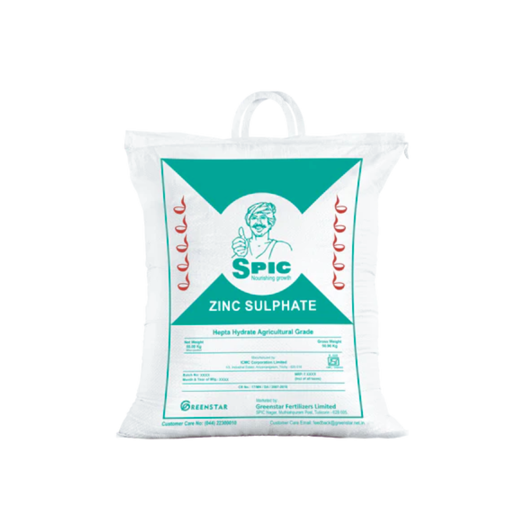 SPIC Zinc Sulphate 21% Heptahydrate is a water-soluble micronutrient fertilizer providing essential zinc for improved plant growth, enzyme activity, and higher crop yield.