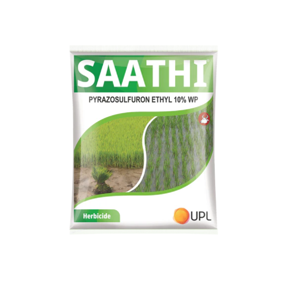 Saathi Herbicide (Pyrazosulfuron Ethyl 10% WP) by UPL – a selective post-emergence herbicide for rice crops, controlling a wide range of broadleaf and grassy weeds through effective systemic action.