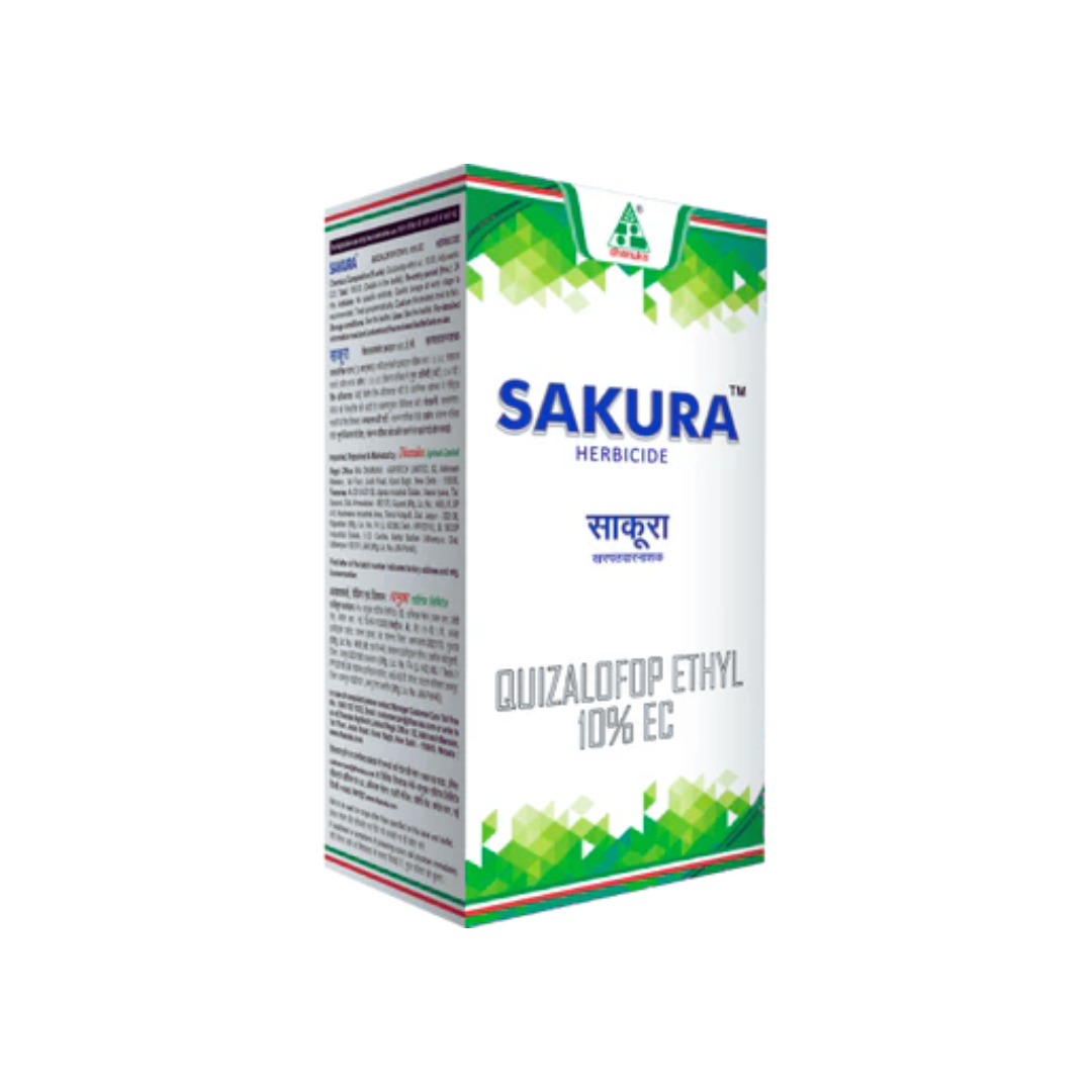 Sakura Herbicide (Quizalofop Ethyl 10% EC) – a selective post-emergence herbicide by Dhanuka, designed for effective control of narrowleaf and grassy weeds in broadleaf crops like soybean, groundnut, and cotton, ensuring clean fields and improved crop yield.