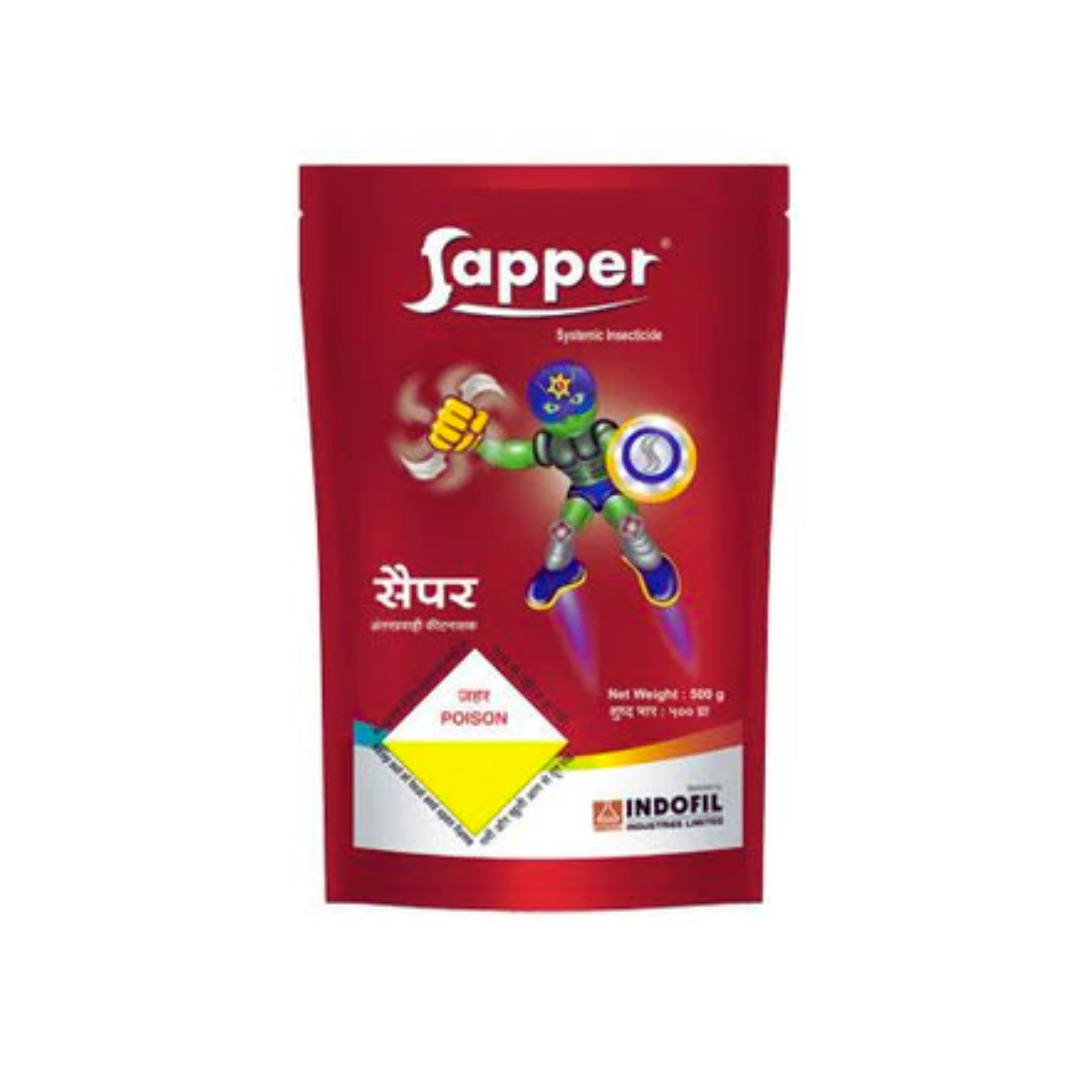 Sapper Insecticide packet – containing Dinotefuran 4% + Acephate 50% w/w SG. A dual-action systemic and contact insecticide designed to control a wide range of sucking and chewing pests, including aphids, jassids, whiteflies, and bollworms, ensuring healthy crop growth and improved yield."