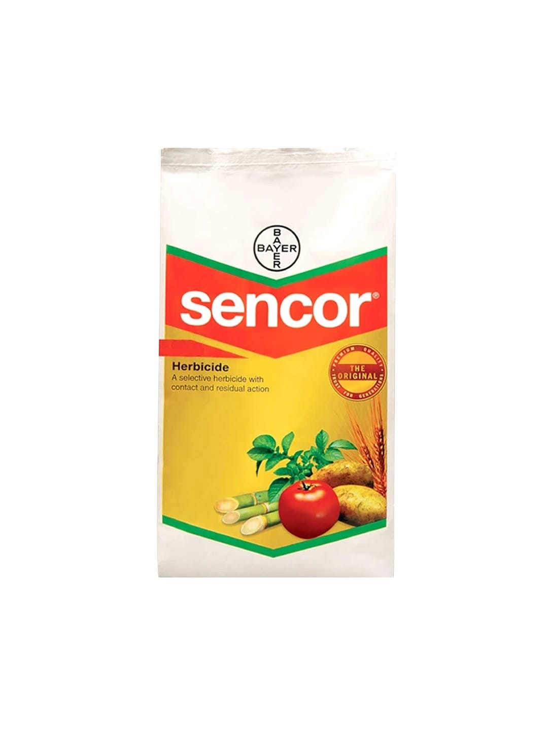 Sencor herbicide pack featuring formulation — Metribuzin 70% WP — a selective, systemic herbicide used for pre- and post-emergence control of broad-leaved weeds and grasses in crops like potato, soybean, and tomato, ensuring clean fields and healthy crop growth.