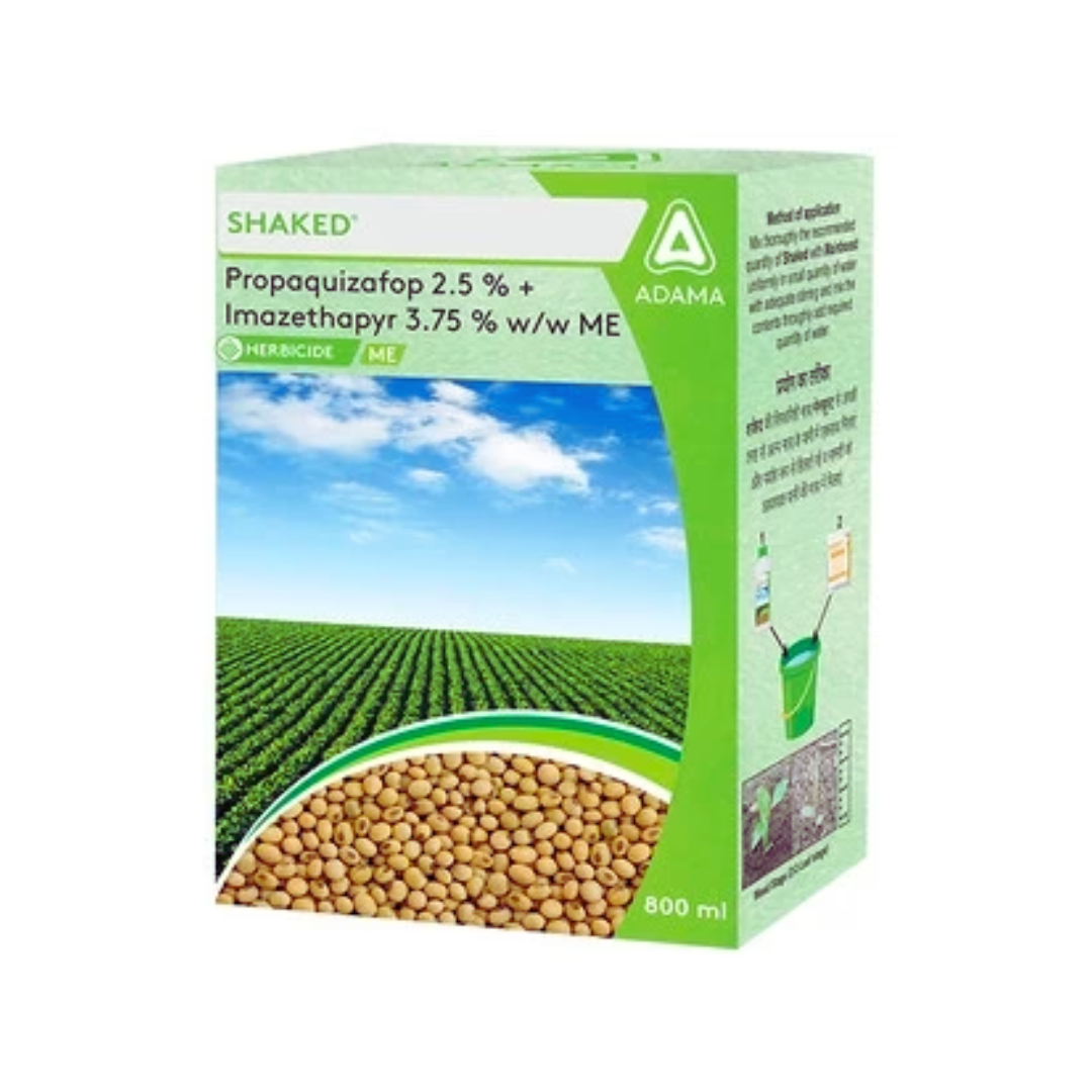 Shaked herbicide containing Propaquizafop 2.5% and Imazethapyr 3.75% w/w ME, used for effective weed control in crops.