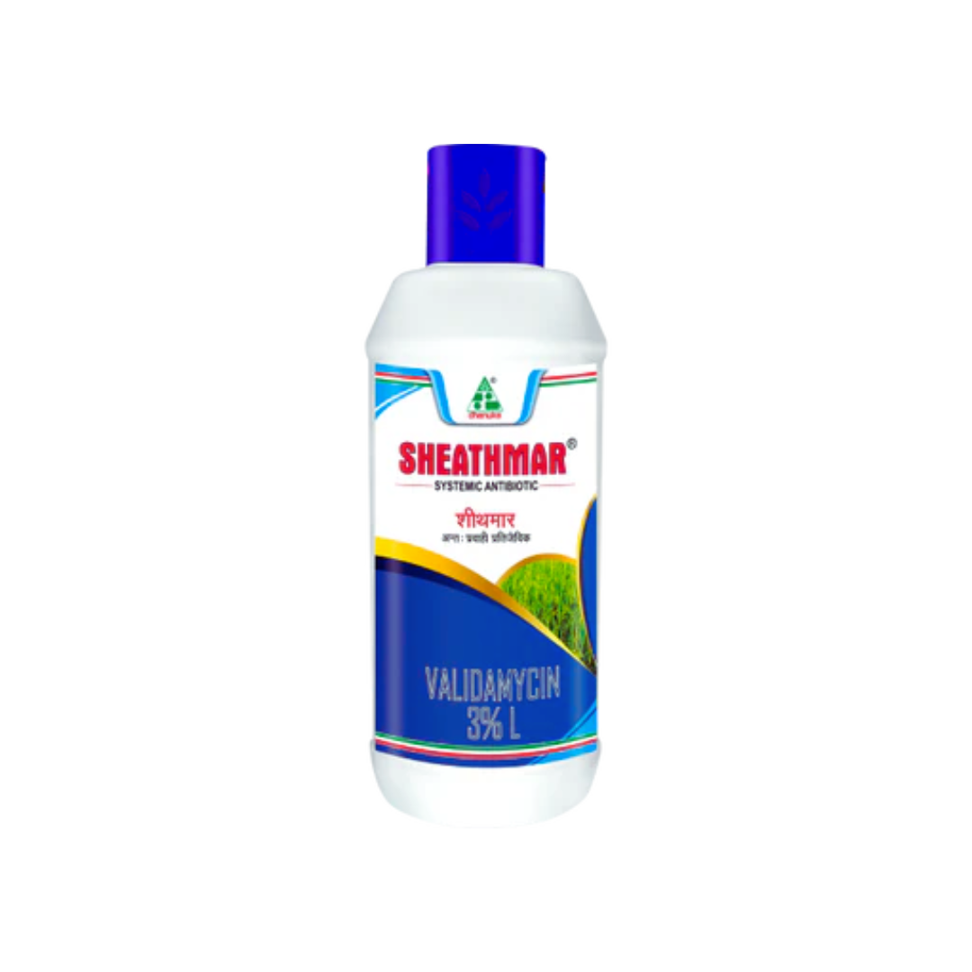 Sheathmar Fungicide by Dhanuka containing Validamycin 3% L, a systemic bactericide and fungicide for controlling sheath blight and other fungal diseases in rice and other crops.