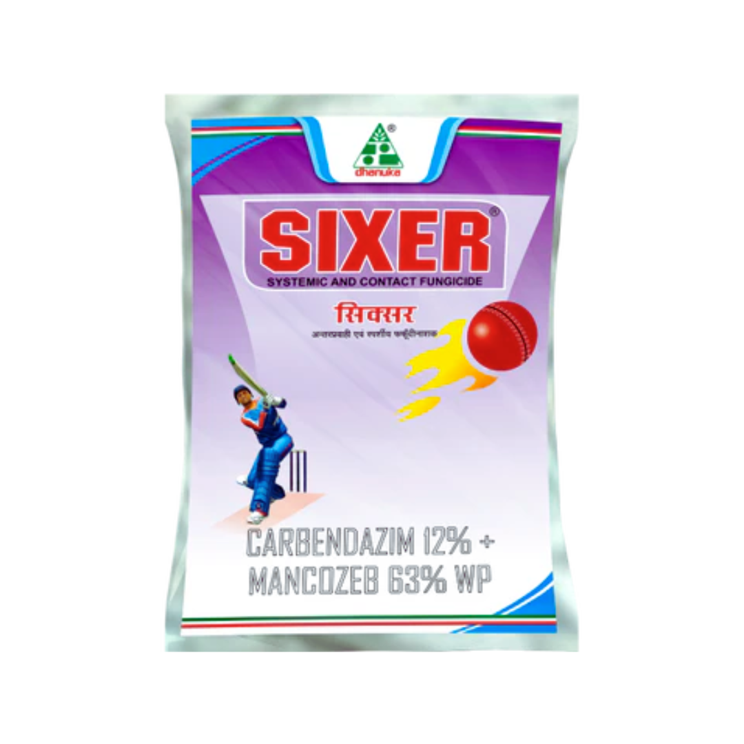 Dhanuka Sixer Fungicide – Wettable Powder (WP) formulation containing Mancozeb 63% + Carbendazim 12%, providing broad-spectrum preventive and curative control against fungal diseases in crops like paddy, wheat, tomato, and banana.