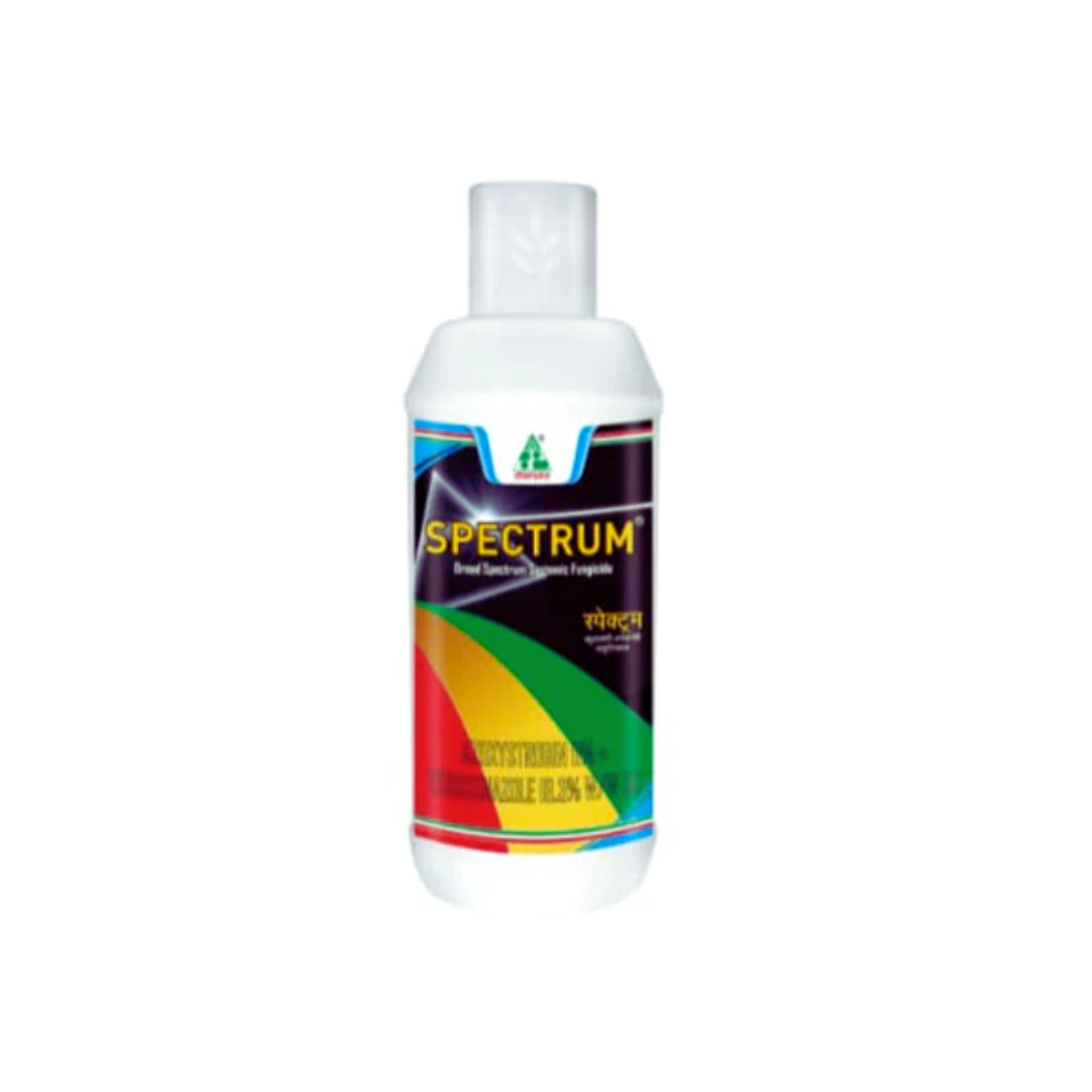 Spectrum Fungicide containing Azoxystrobin 11% + Tebuconazole 18.3% SC, a systemic fungicide providing broad-spectrum control of fungal diseases in crops like wheat, rice, and vegetables, ensuring healthier growth and higher yields.