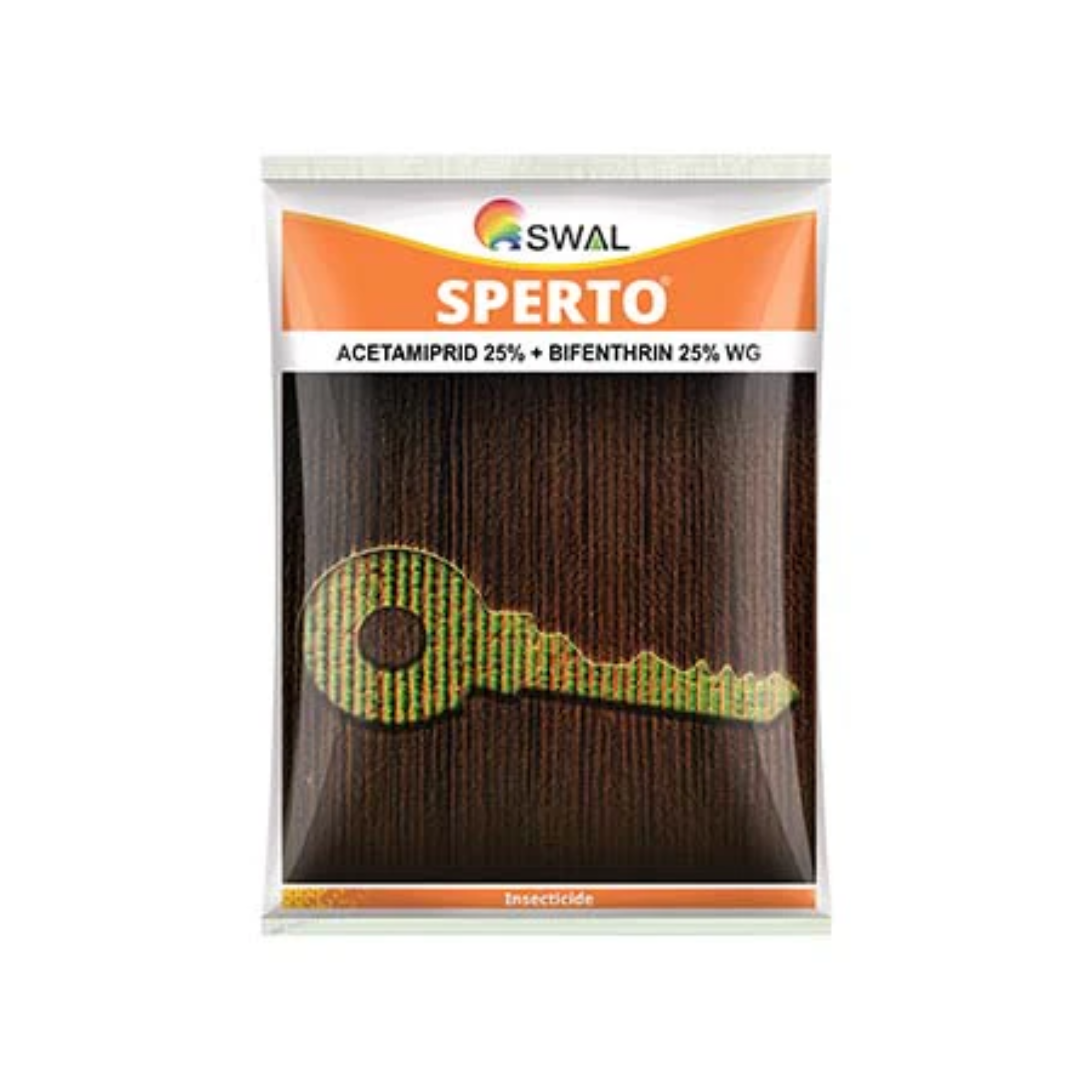 "Sperto Insecticide by SWAL is a broad-spectrum insecticide in WG formulation containing Acetamiprid 25% + Bifenthrin 25%, designed to control sucking and chewing pests across crops like cotton, vegetables, and pulses, offering fast knockdown and long-lasting protection."
