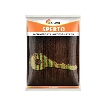 "Sperto Insecticide by SWAL is a broad-spectrum insecticide in WG formulation containing Acetamiprid 25% + Bifenthrin 25%, designed to control sucking and chewing pests across crops like cotton, vegetables, and pulses, offering fast knockdown and long-lasting protection."