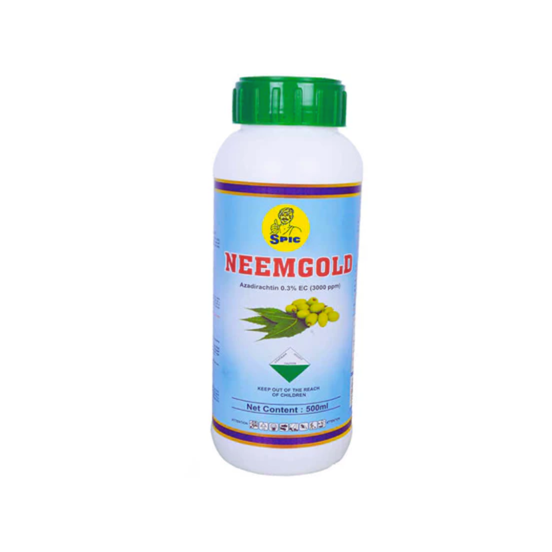 Spic Neem Gold is a botanical insecticide containing Azadirachtin 0.3% EC (3000 PPM), providing eco-friendly, broad-spectrum control of pests in fruits, vegetables, and plantation crops.