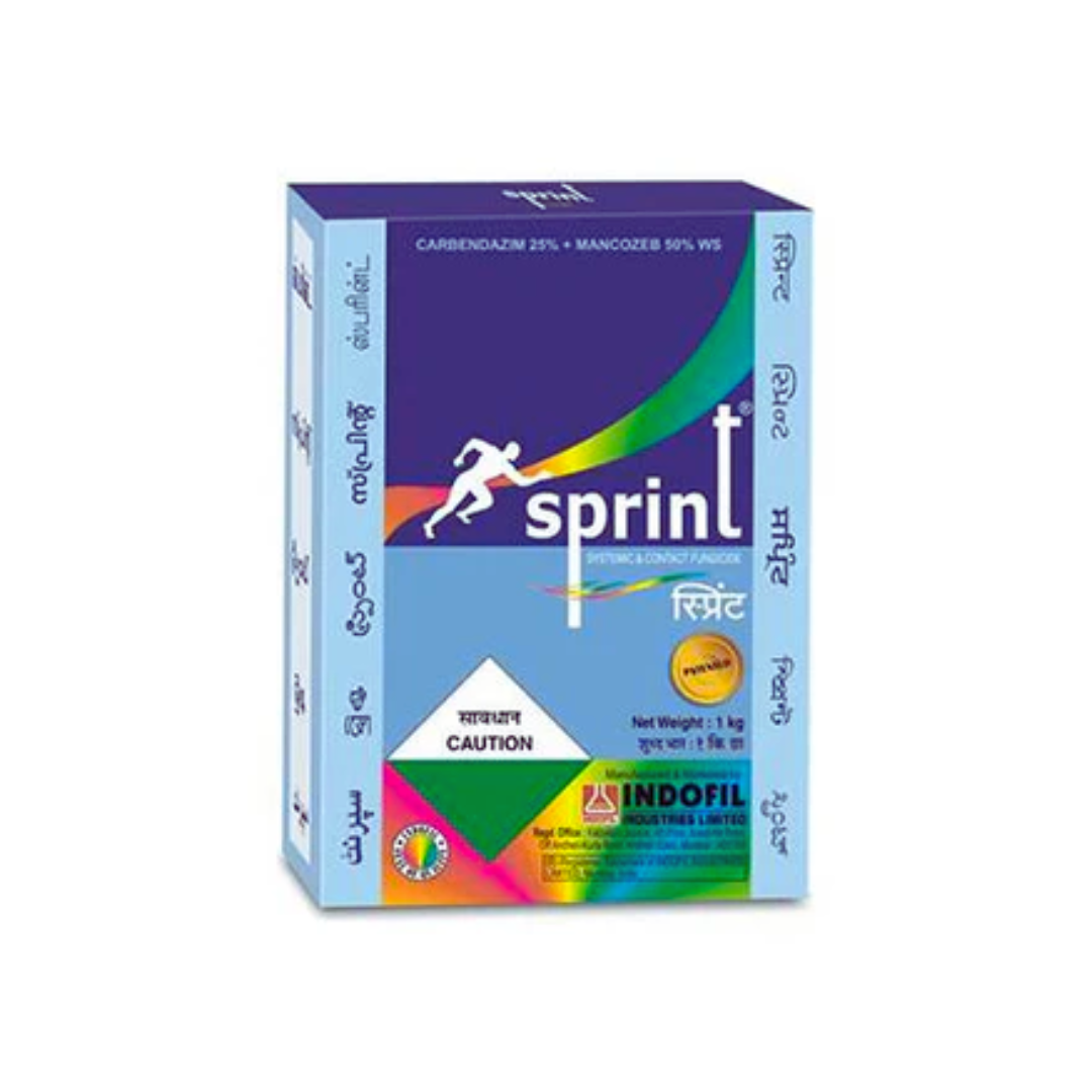 Sprint Fungicide packet – containing Mancozeb 50% + Carbendazim 25% WP. A broad-spectrum protective and systemic fungicide effective against diseases like blights, leaf spots, and mildews in crops such as vegetables, fruits, cereals, and pulses, promoting healthier plants and improved yield.