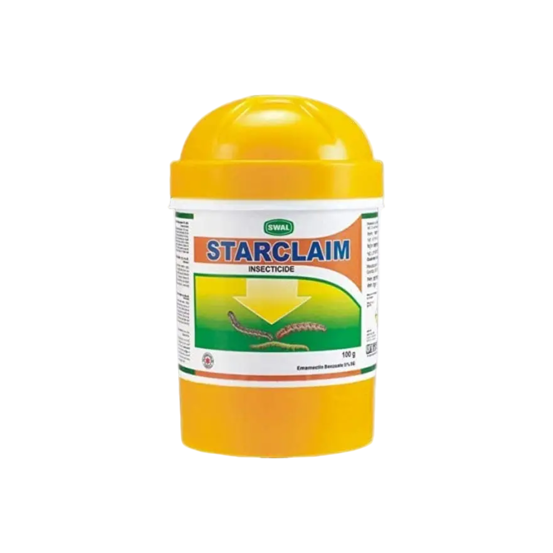 Starclaim Insecticide – Emamectin Benzoate 5% SG, a systemic insecticide for controlling caterpillars and lepidopteran pests in crops.